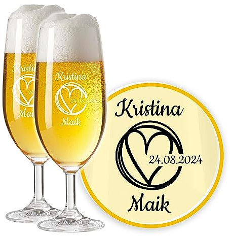 LALALO Leonardo Hochzeit Bierglas Geschenk-Set (2 St.) graviert, Biertulpe/Pilstulpe mit Gravur personalisiert als Hochzeitsgeschenk, Hochzeitstag, Standesamt (Kreisliebe)