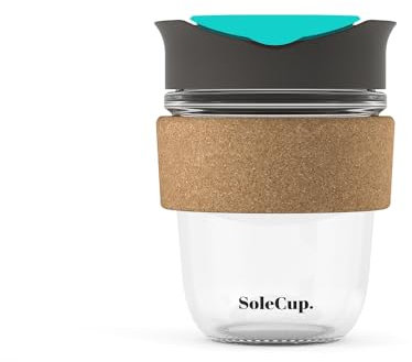 SoleCup. - Reusable Strengthened Glass Travel Cup - Spill Proof Glass Coffee Mug - 12oz/340ml BPA-Free Hot Drink Travel Mug with Lid & Cork Band (Grey and Blue)