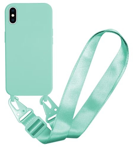 MBSLFY Case Compatible with iPhone X/iPhone XS, Liquid Silicone Protective Phone Case with Strap Adjustable Neck Cord Necklace Soft Cover for iPhone X/iPhone XS, Mint green