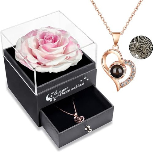 Yamonic Rose Eternelle avec Bijoux Coffret pour Femme - Préservée avec Collier, Cadeau Anniversaire Maman pour Saint-Valentin et Fête des Mères - Vraie Rose