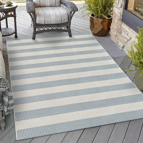 OJIA Waschbarer Teppich, 122 x 150 cm, blau und weiß gestreift, für den Außenbereich, Baumwolle, gewebt, für Eingangsbereich, Terrasse, Teppich, große Fläche für Schlafzimmer, Veranda, Deck,