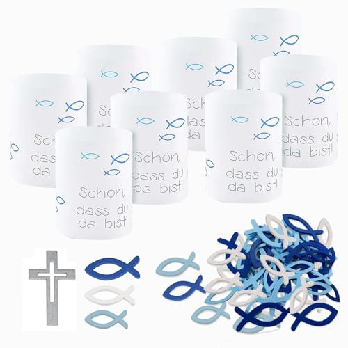 ATSGJLZN Kommunion Deko,8er Windlicht Konfirmation 90er Holzfische Kommunion 10er Kreuz, Tischdeko Konfirmation Deko Erstkommunion Deko für Streudeko Taufe Junge Mädchen(Blau)