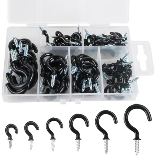 75PCS crochets noirs pour suspendre des crochets à visser au plafond, crochets muraux à visser pour suspendre des plantes, des tasses, des ustensiles, des lumières