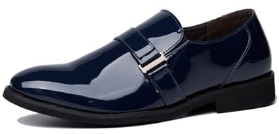 Mocassini da uomo in pelle verniciata, alla moda, con lacci, scarpe brogue formali, per abiti da matrimonio, Blu, 46 EU