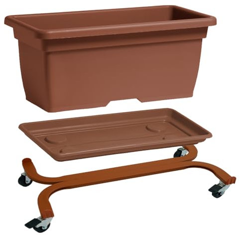 Nicoli Pot de jardinière d'extérieur en polypropylène avec soucoupe pour plantes ou fleurs, pot rectangulaire pour balcon, jardin, terrasse (cuit, 80 cm avec chariot)