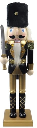 Surakey Soldat Casse-Noisette Noir et Doré, Grand Chiffres de Casse-Noisette en Bois 36CM, Soldat Peint en Bois de Pin Traditionnel, Casse Noisette Ornement de Noël en Bois, Jouet en Bois de Noël