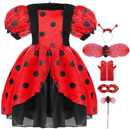 Boyigog Marienkäfer Kostüm Kinder Mädchen -6 Stück mit Haarreif Flügel Rock Handschuhe Zauberstab Augenmaske, Marienkäfer Kinder Faschingskostüm für Halloween Karneval Mottoparty Kostüm Party(7-8T)
