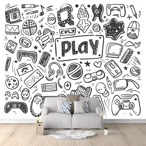 Papier Peint Panoramique 3D Symboles Jeux Vidéo Dessinés La Main Gribouillis 200x140 cm Papier Peint Photo Mural Intissé, Poster Tapisserie Mural Personnalisé 3D Pour Salon Chambre Décoration Murale