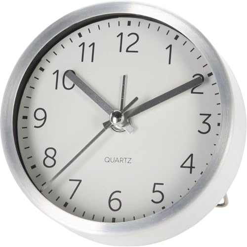 Carousel Home Round Silver Analogue Alarm Clock | Modern Bedside Table Alarm Clock with Stand | Battery-operated Desk Clock - 9cm