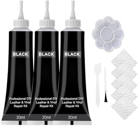 Juego de reparación de cuero de 3 piezas, 20 ml, piel líquida, color negro, juego de reparación de cuero negro, juego de reparación con kit de reparación, adecuado para sofás, asientos de coche,