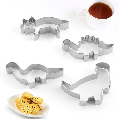 4 Stück Dino Ausstecher Set, Edelstahl Dino Ausstechform, Dinosaurier Brot Ausstecher für Kinder, Ausstechformen Groß, Keksausstecher, DIY Plätzchenausstecher für Fondant, Kekse, Torten Deko