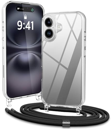 Vaykwo Handykette mit Band für Apple iPhone 16 Hülle - Necklace Handyhülle - Transparente Case zum Umhängen mit Kameraschutz und Bildschirmschutz - Schwarz