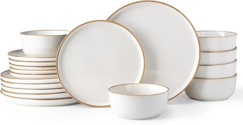 GBhome Stoneware Dinner Sets for 6 People, 18 Pieces Handcrafted Embossed Plates and Bowls Set, Scratch Resistant Dinnerware Set, Dishwasher & Microwave Safe Crockery Set (Pearl White, Set of 18)