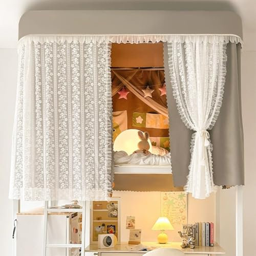 GUOIOOI Bunk Twin Size Tents 2025 New Pink Cute Princess Style Lace Dream Tent with Slide Type Retractable Bracket Indoor Sleeping 99% Blackout Privacy Bed Tent Canopy(Grey)