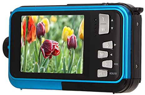 Camera Digitale Subacquea, Fotocamera Full HD 2.7K 48MP a Prova di Acqua con Doppio Schermo con Selfie Posteriore Anteriore, Zoom Digitale 16x, Videocamera per VLOG (BLUE)