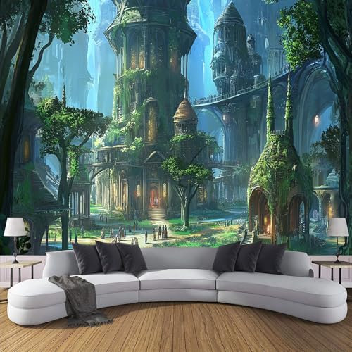 Fototapete Zauberwald 450x315cm Seide Foto Tapete Anime-Stil XXL Wandtapete für Wohnzimmer Schlafzimmer Esszimmer Wanddekoration