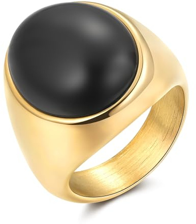Joo&Rind Ring Gold Damen mit Stein 18K Vergoldet Siegelring Edelstahl Wasserfest Breit Schwarz Goldring für Frauen Schmuck Geschenk