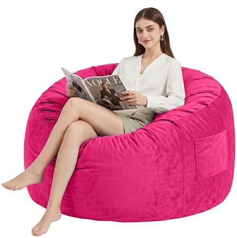 Kasunpul 2in1 Sitzsack mit Füllung,BeanBag mit Füllung für Kinder & Erwachsene, Flauschige Sitzsäcke mit Samtbezug für Wohnzimmer, Schlafzimmer, Knalliges Pink, 90 x 90 x 49cm