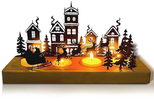 Ligtmor Adventskranz Metall Holz 28 x 12.5 x 8 cm Teelichter Winterdorf Design Adventsgesteck Länglich aus Metall und Holz Adventskranz Modern Adventsgesteck für Weihnachtsdeko