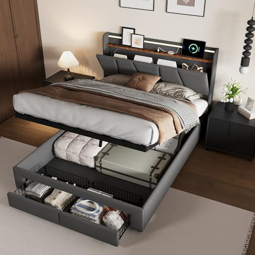 Boxspringbett 160x200 cm mit LED USB, Polsterbett mit Stauraum und Lattenrost Doppelbett Gepolstertes mit 2 Schubladen Bettgestell 160x200 cm mit Stauraum ohne Matratze Leinen Grau (160 x 200 cm)