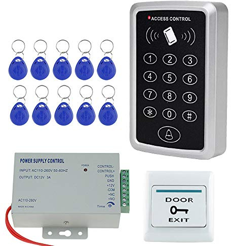 Fredorlokk Access control keypad 125KHZ RFID controller, 10 125KHz RFID key fobs, 12V 3A power supply, exit switch button, suitable for home security system access control