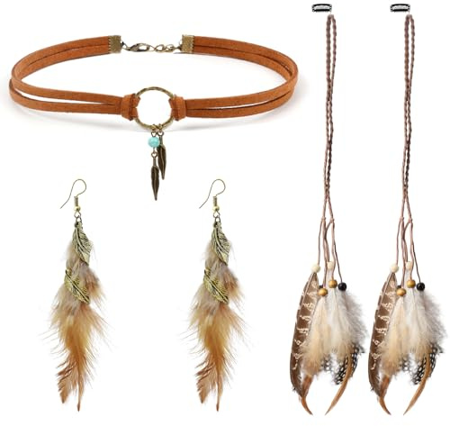 RNHDLY Feder Haarschmuck Clip, Feder Ohrringe Damen, Retro Leder Choker Halskette, Boho Haarschmuck für Karnevals kostüme Zubehör, Hip Hop Accessoires
