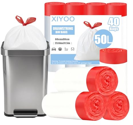 XIYOO Swing Bin Liners 50l Bin Bags White 40 Counts Rubbish Bags with Drawstring Handles Plastic Garbage Bag Strong Waste Bags for Kitchen
