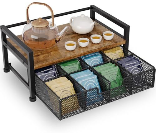 BOKIOVIN Metal Tea Bag Holder Storage Organizer Box with Drawer 8 Compartments, Cofee Bar Station Organiser Accessories, (Black)