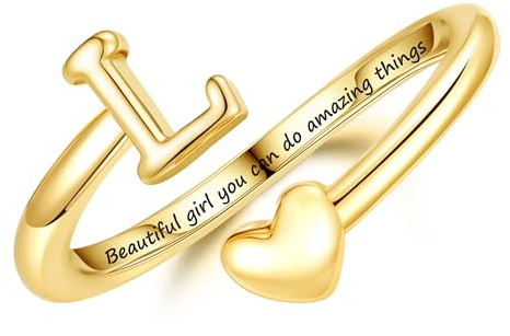 Turandoss Buchstaben Herz Ringe für Teenager Mädchen Kinder Geschenke | 14K Vergoldet Verstellbare Ring mit Buchstaben, Hypoallergen Ringe Gold Schmuck, Geburtstagsgeschenk für Mädchen Kinder