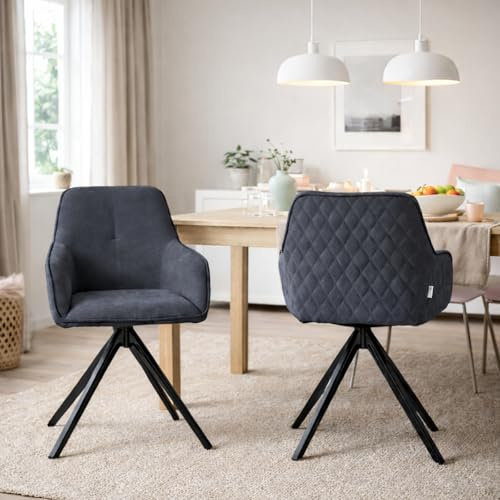 HAGO24 | Drehstuhl Esszimmerstuhl | Anthrazit | 360° drehbar | Textil Webstoff | Gepolstert | Metallbeine Schwarz | Modernes Design | Steppung | Armlehne