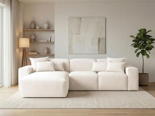 GRAINGOLD Leni Ecksofa 265x180 cm, L-Form Sofa, Ecksofa für Wohnzimmer, Geflechtstoff, 3-Sitzer Eckcouch, Modernes Design (Creme, Links)