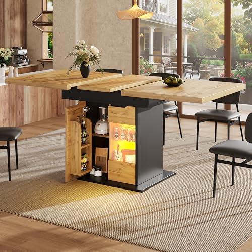 Merax Esstisch Ausziehbar mit LED, Teleskoptisch mit Stauraum, Rechteckiger Küchentisch mit Schrank, Glastüren, platzsparender Holztisch für Wohnzimmer und Esszimmer, 110-140cm, Naturfarbe & Schwarz