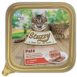 Stuzzy Mister, våtmat för vuxna katter, smak nötkött, paté linje och kött i bitar – totalt 3,2 kg (32 burkar x 100 gr)