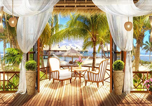 wandmotiv24 Fototapete Urlaub Balkon Strand, XXL 400 x 280 cm - 8 Teile, Wanddeko, Wandbild, Wandtapete, Bungalows, Terrasse, Meer M1087