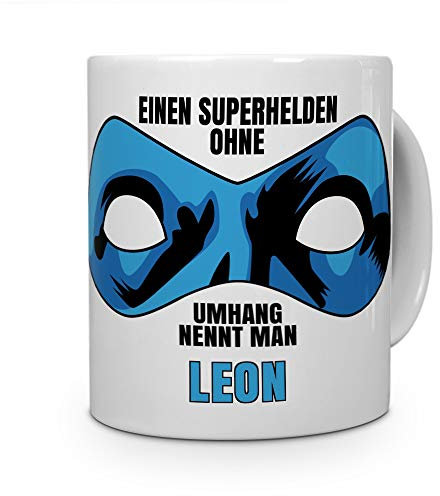 printplanet Tasse mit Namen Leon - Motiv Superhelden ohne Umhang - Namenstasse, Kaffeebecher, Mug, Becher, Kaffeetasse - Farbe Weiß