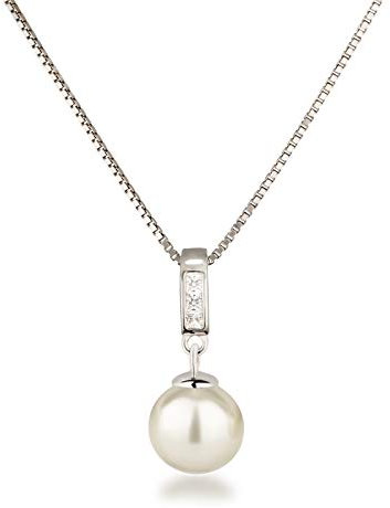 Schöner-SD Silberkette mit Anhänger Perle 10mm und Zirkonia 925 Silber rhodiniert Creme