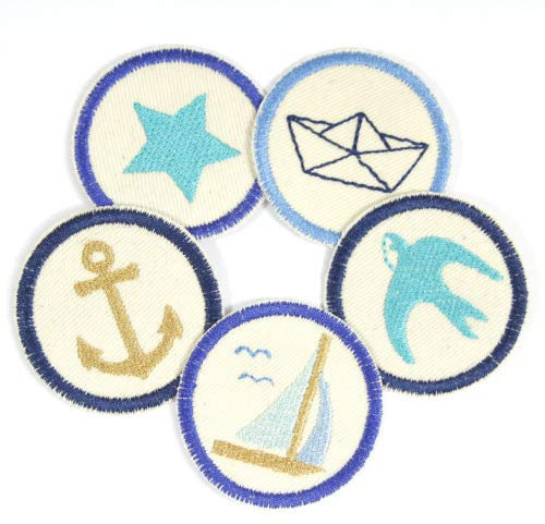 Bügelbilder Set maritime Flicken zum aufbügeln 5 Aufbügler 5cm Anker Stern Segelschiff Schwalbe Boot Bio Patches mini Bügelflicken nature creme beige