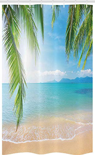 ABAKUHAUS Tropisch Schmaler Duschvorhang, Surf Reisen Thailand, Badezimmer Deko Set aus Stoff mit Haken, 120 x 180 cm, Türkis Braun Sand