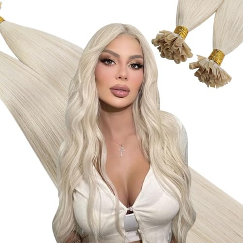 Ugeat U Tip Bonding Extensions Echthaar 60 cm Blond Keratin Echthaar Bondings Platinblond Extensions Echthaar Bondings Atmungsaktiv Haarverlängerung Echthaar Bondings für Mädchen 50g 50s #60A