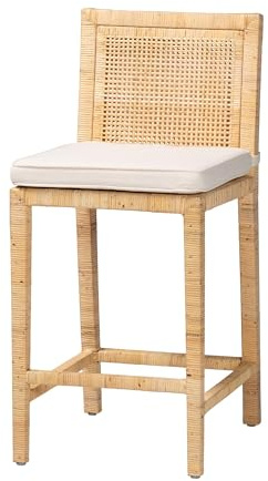 bali & pari Sofia Rattan Counter Stool with Mahogany Wood Frame - Handwoven Wicker Counter Chair with Removable Cushion, Light Honey