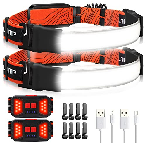 Adelante LED Headlamp Flashlight, 2Pack 1000LM 230°Wide-Beam Rechargeable Head Lamp for Adults, Red Taillight & 8 Clips Waterproof Hard Hat Light Headlamps for Running Hiking and Camping