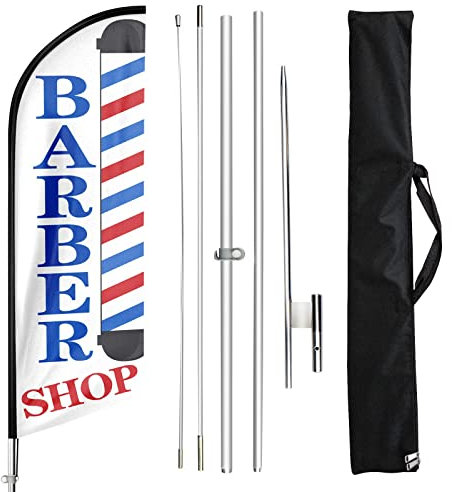 FSFLAG Flagge des Barbershops, 3m winddichte Federfahne für Haarschnitt mit Stangen-Kit und Erdspieß, Werbung Barbier Flagge, Schild für Outdoor Indoor Business…