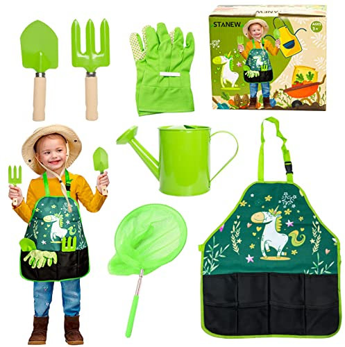 Stanew Ensemble d'outils de jardinage pour enfants kit Jardinage Enfant pour Garçons et Filles,avec filet de pêche, Pelle, Rateau,Gant,tablier et bouilloire, vert