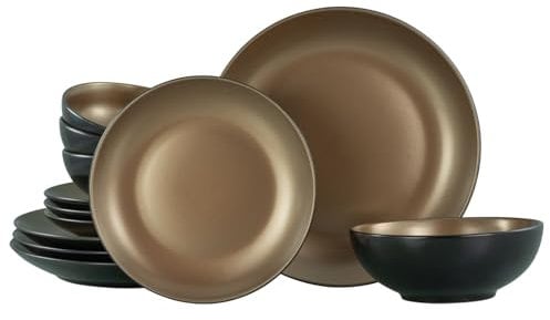 CreaTable, 23600, Serie GLAMOUR - Gold, 12-teiliges Geschirrset, Teller Set aus Steinzeug, spülmaschinen- und mikrowellengeeignet, Qualitätsproduktion