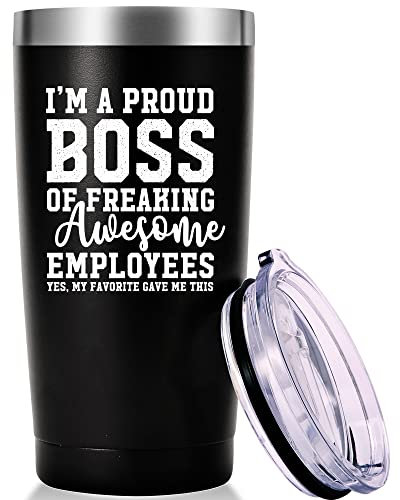 Mug de voyage humoristique avec inscription « I Am A Proud Boss » - Cadeau de bureau, retraite, anniversaire, Noël - Pour homme, femme, patron, femme - Noir - 590 ml