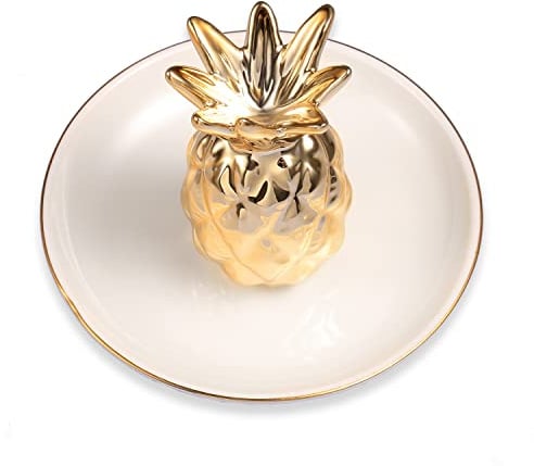 KARALIN Schmuck-Ring-Tablett, Keramik-Ringhalter, Geschirrtablett für Schmuckaufbewahrung, Porzellan, Schmucktablett, Schmuckplatte (hellgoldfarben, Ananas)