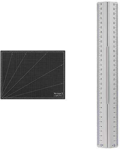 Vantage Schneidematte A2 (45 x 60 cm, selbstheilend, mit Raster) schwarz & Wedo 525235 Lineal aus Aluminium 30 cm mit Griff für Rechts- und Linkshänder mit rutschsicherer Gummieinlage, silber