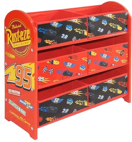 Disney Cars Lightning Mcqueen Toy Storage Unit: 6-Box Organizer for Bedroom - Made from Engineered Wood/Fabric/Metal - Easy Assembly and Clean Up