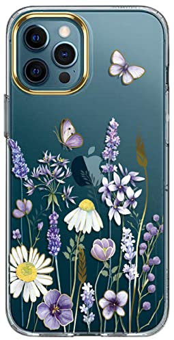 Luolnh Compatible with iPhone 11 Pro Case - Cute Floral Pattern Clear Hard Back Cover, Shockproof for 5.8 inch - Blue Purple Wildflower