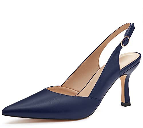 Rilista Women's Slingback Kitten Heels Closed Pointed Toe Wedding Party Dress Pumps Shoes, Navy/Pu, 6 UK